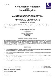 Civil Aviation Authority Maintenance Organisation Approval CAA Part 145 Approval No. UK. 145.01279